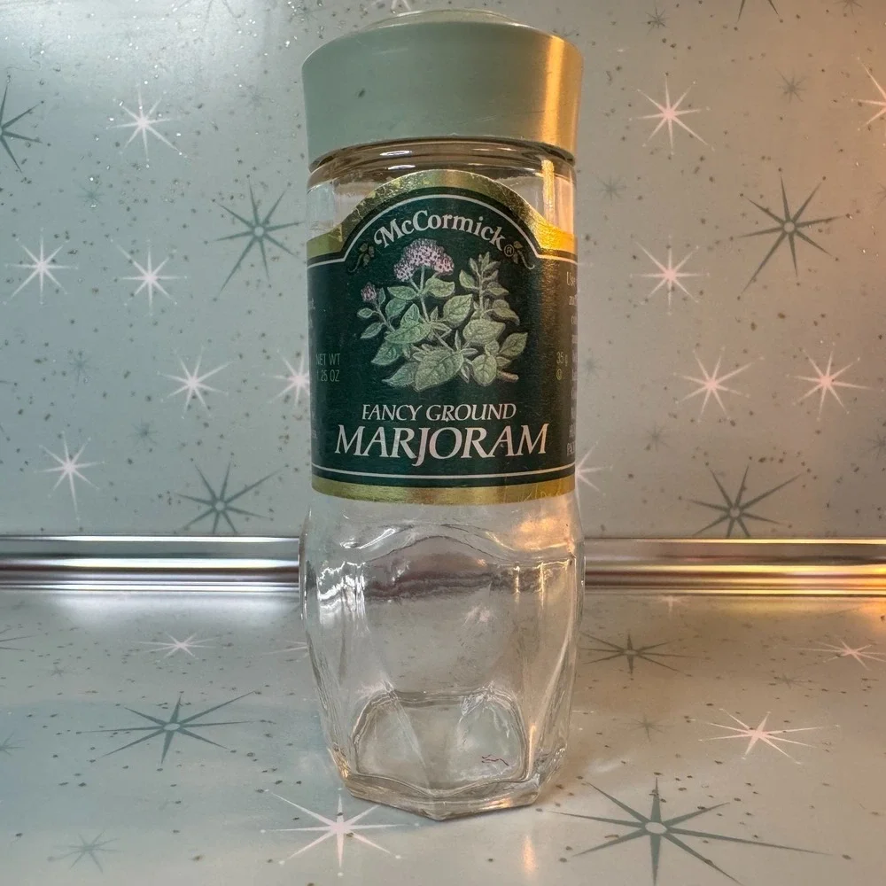 Vintage McCormick Marjoram Jar Green Label Lid Glass Spice Bottle Retro Kitchen